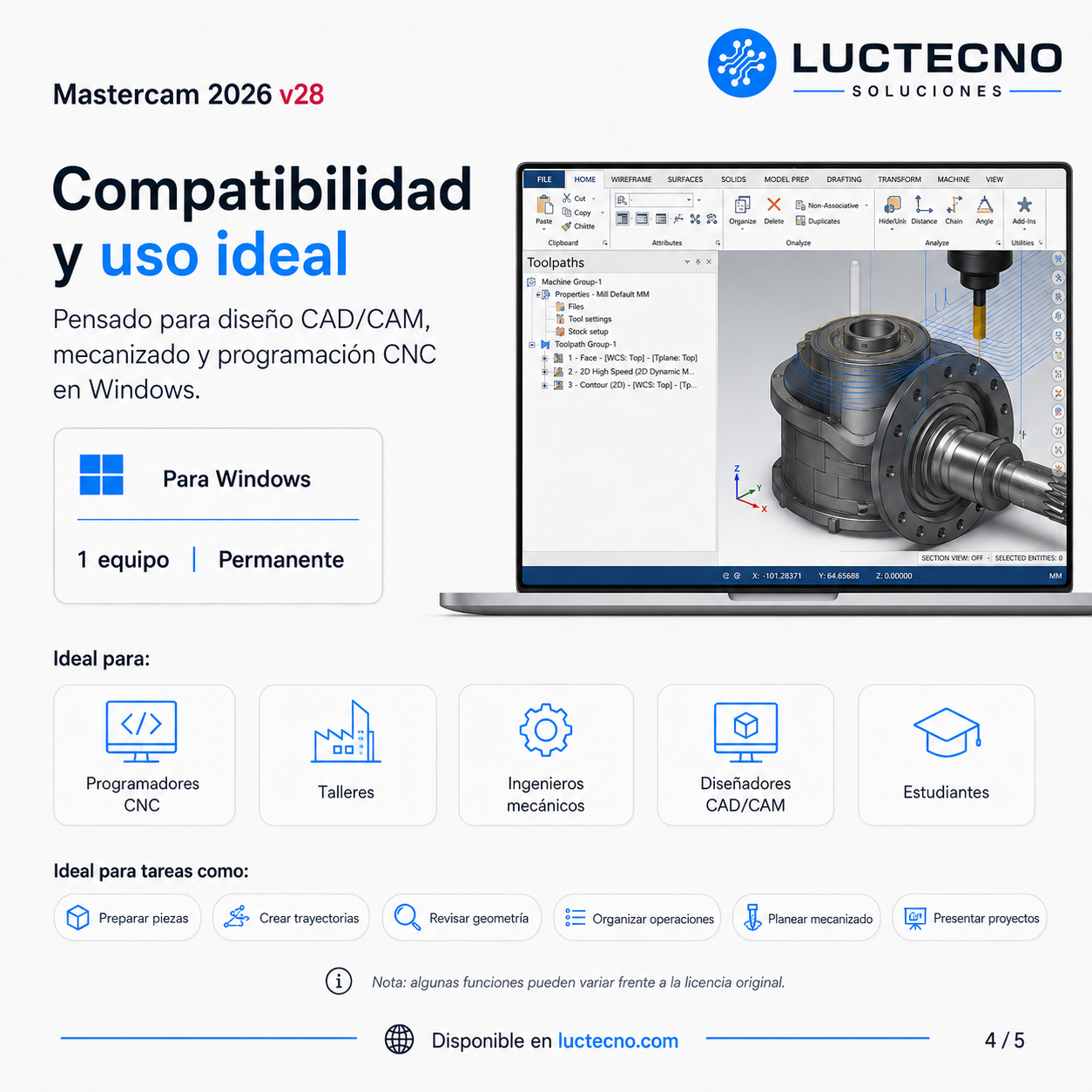 Mastercam 2026 v28 para Windows | CAM CNC, fresado, torneado, 5 ejes, mill-turn, simulación y manufactura industrial