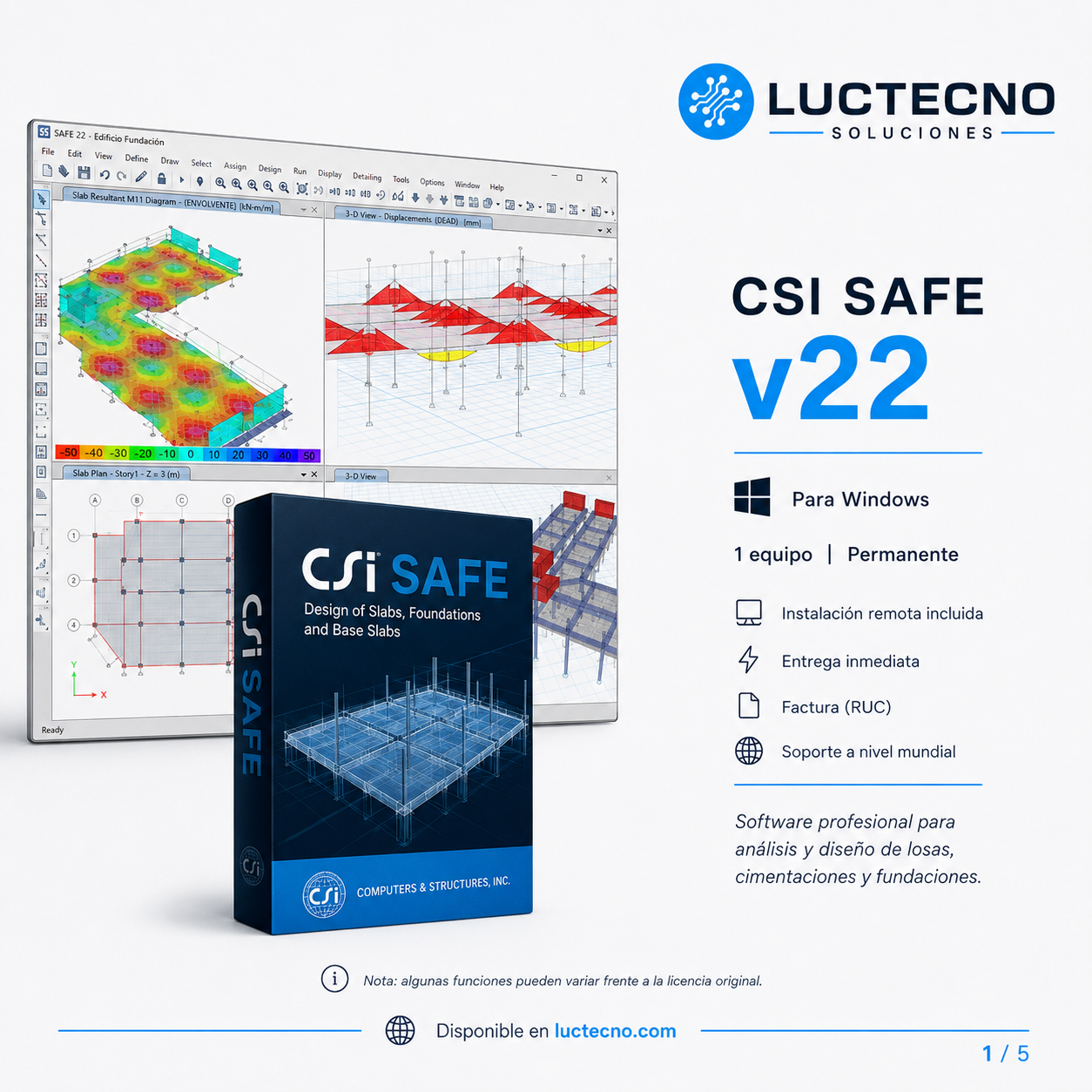 CSI SAFE v22 para Windows | Diseño de losas, cimentaciones, zapatas, postensado, basemats y análisis estructural