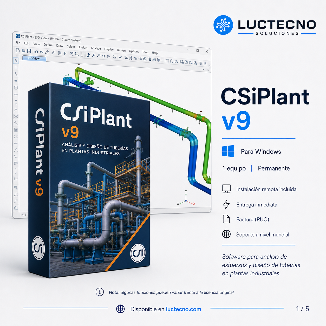 CSiPlant v9 para Windows | Análisis de tuberías, piping stress, soportes, cargas térmicas, presión y diseño estructural