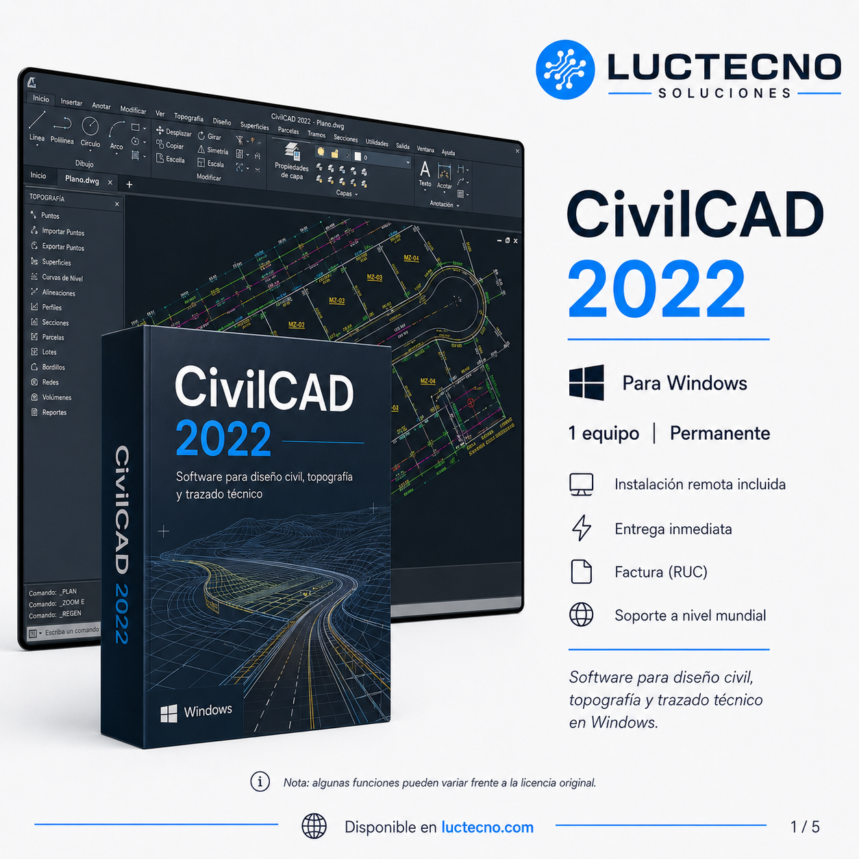CivilCAD 2022 para Windows | Topografía, curvas de nivel, perfiles, secciones, volúmenes, lotificación y planos civiles
