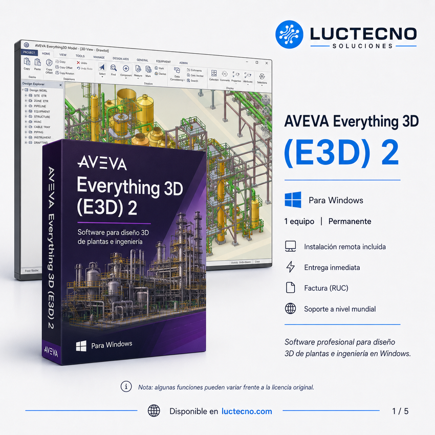 AVEVA Everything 3D E3D 2 para Windows | Diseño 3D de plantas industriales, piping, estructuras, equipos y modelado multidisciplinario