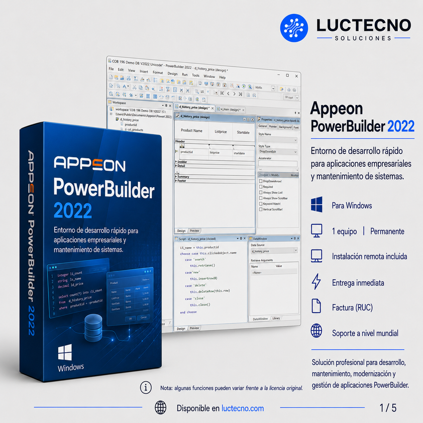 Appeon PowerBuilder 2022 para Windows | Desarrollo de aplicaciones empresariales, PowerScript, DataWindow, bases de datos y sistemas client/server