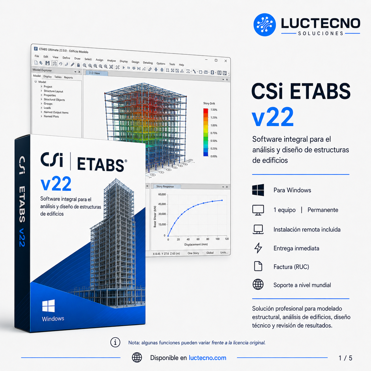 CSi ETABS v22 para Windows | Análisis estructural de edificios, diseño sísmico, concreto, acero, muros, losas y modelado 3D