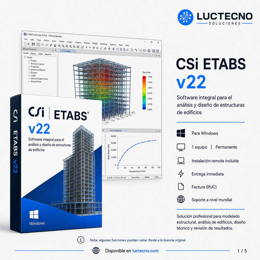 CSi ETABS v22 para Windows | Análisis estructural de edificios, diseño sísmico, concreto, acero, muros, losas y modelado 3D