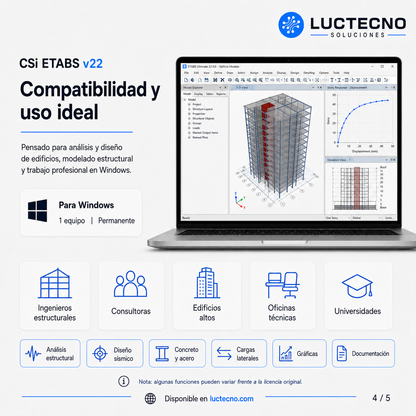 CSi ETABS v22 para Windows | Análisis estructural de edificios, diseño sísmico, concreto, acero, muros, losas y modelado 3D