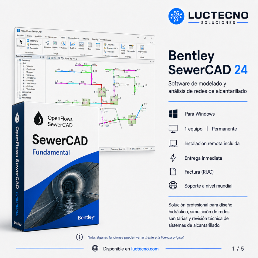 Bentley SewerCAD 24 para Windows | 1 Equipo | Permanente | Modelado hidráulico de alcantarillado sanitario, redes, tuberías, pozos, bombas y diseño de colectores