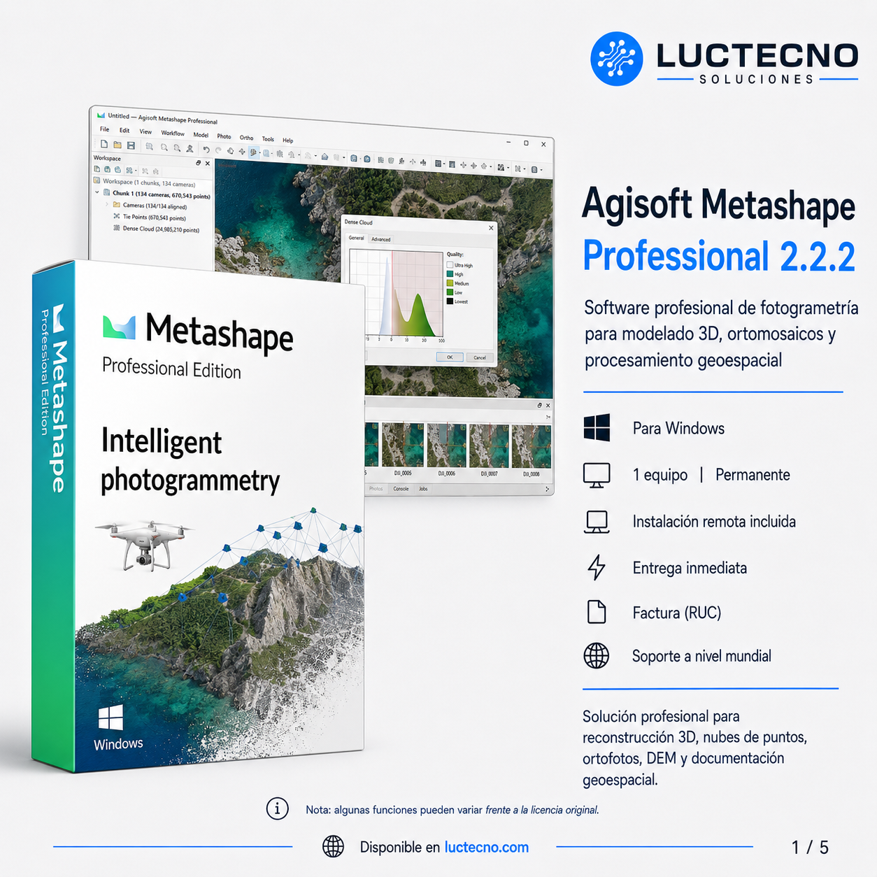 Agisoft Metashape Professional 2.2.2 para Windows | 1 Equipo | Permanente | Fotogrametría, drones, nube de puntos, ortomosaicos, DEM/DTM y modelos 3D