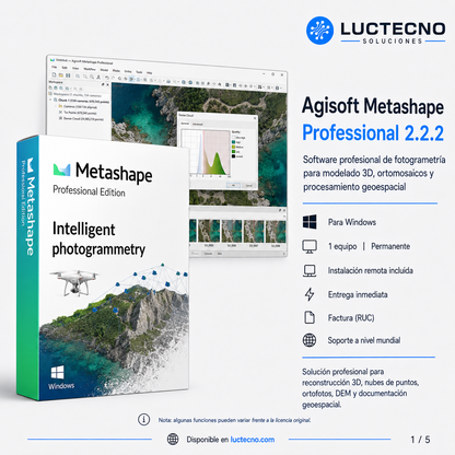 Agisoft Metashape Professional 2.2.2 para Windows | 1 Equipo | Permanente | Fotogrametría, drones, nube de puntos, ortomosaicos, DEM/DTM y modelos 3D