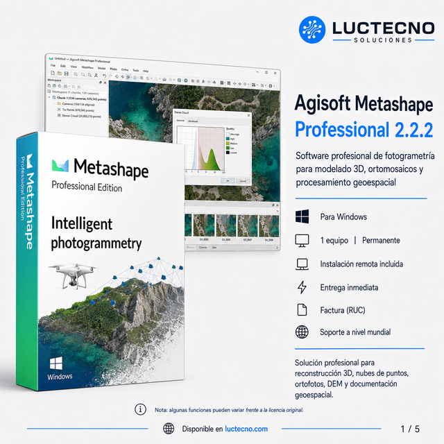 Agisoft Metashape Professional 2.2.2 para Windows | 1 Equipo | Permanente | Fotogrametría, drones, nube de puntos, ortomosaicos, DEM/DTM y modelos 3D