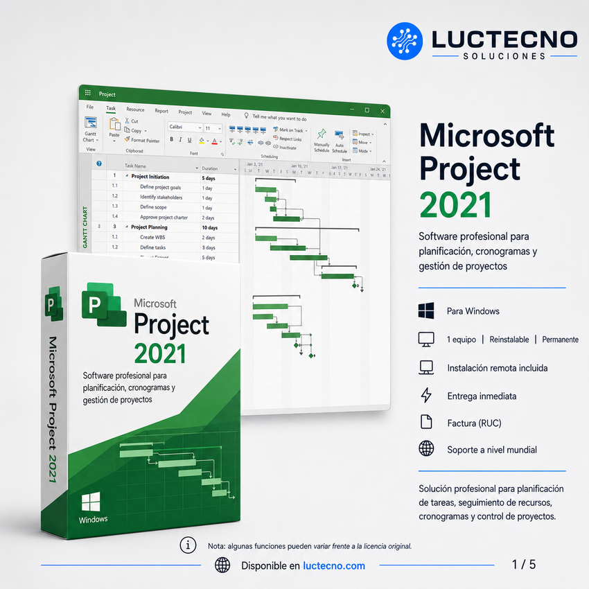 Microsoft Project 2021 para Windows | 1 Equipo | Reinstalable | Permanente | Gestión de proyectos, cronogramas, Gantt, recursos, costos y planificación profesional