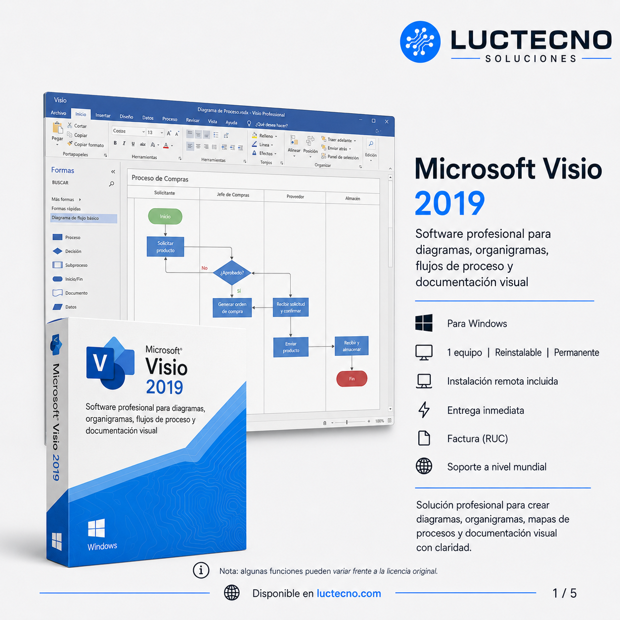 Microsoft Visio 2019 para Windows | 1 Equipo | Reinstalable | Permanente | Diagramas profesionales, flowcharts, organigramas, procesos, redes y planos