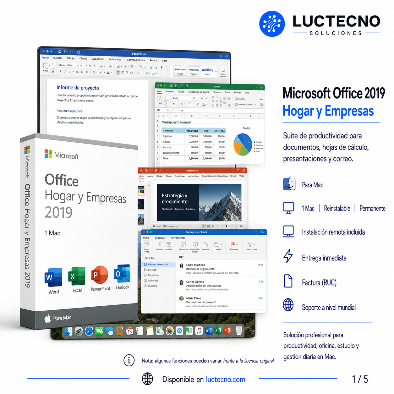 Microsoft Office 2019 Hogar y Empresas para Mac | 1 Mac | Reinstalable | Permanente | Word, Excel, PowerPoint, Outlook y productividad profesional