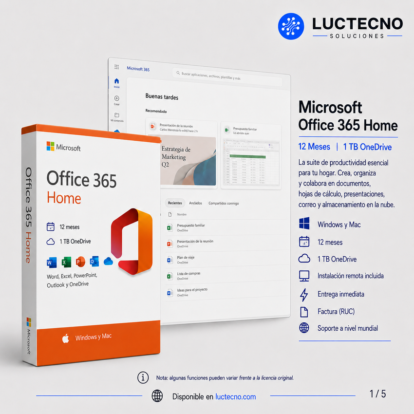 Microsoft Office 365 Home | 12 Meses | 1 TB OneDrive | Word, Excel, PowerPoint, Outlook, OneNote y productividad en la nube
