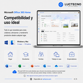 Microsoft Office 365 Home | 12 Meses | 1 TB OneDrive | Word, Excel, PowerPoint, Outlook, OneNote y productividad en la nube