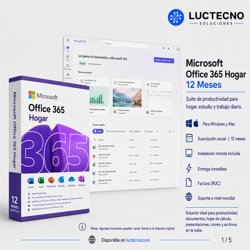 Microsoft Office 365 Hogar | 12 Meses | Word, Excel, PowerPoint, Outlook, OneNote y productividad en la nube