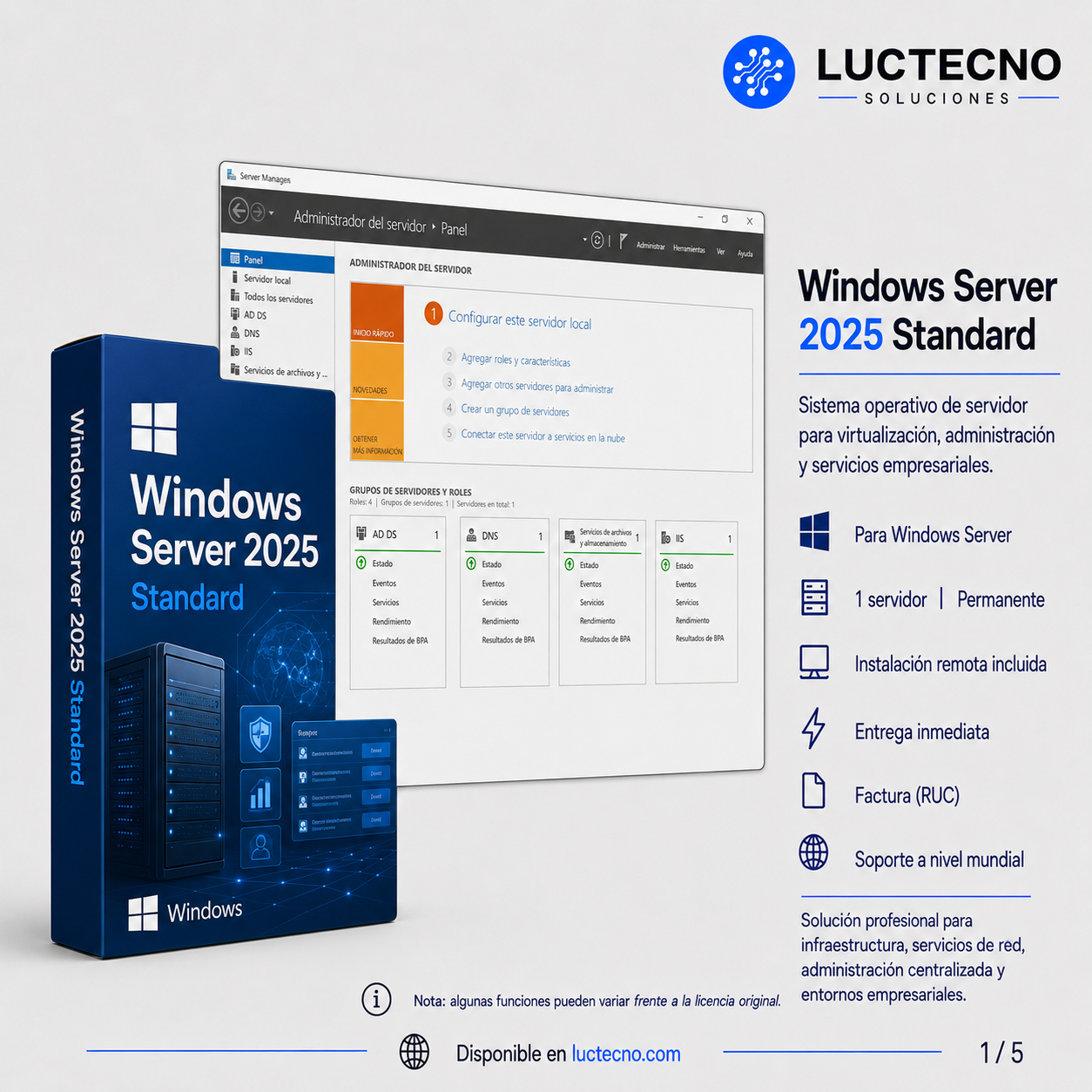 Windows Server 2025 Standard | Sistema operativo para servidores, Active Directory, Hyper-V, archivos, redes, seguridad y administración empresarial
