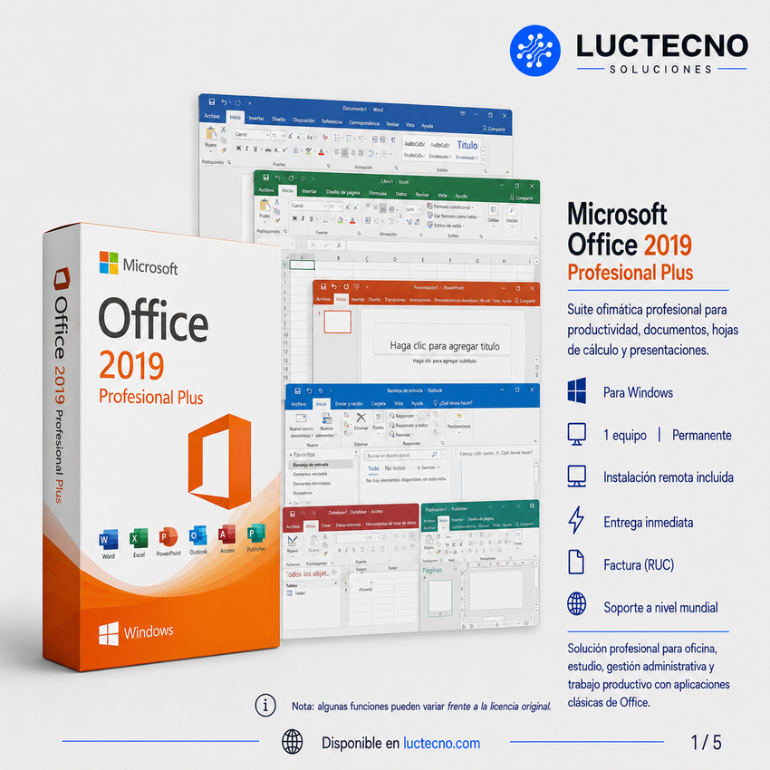 Microsoft Office 2019 Profesional Plus para Windows | 1 Equipo | Permanente | Word, Excel, PowerPoint, Outlook, Access, Publisher y productividad profesional