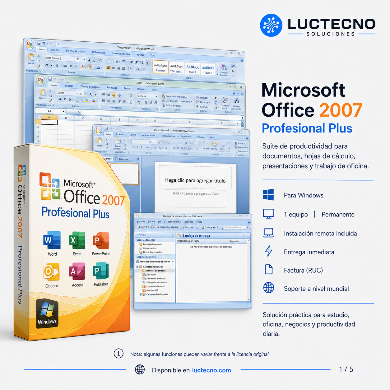 Microsoft Office 2007 Profesional Plus para Windows | 1 Equipo | Permanente | Word, Excel, PowerPoint, Outlook, Access, Publisher y productividad clásica