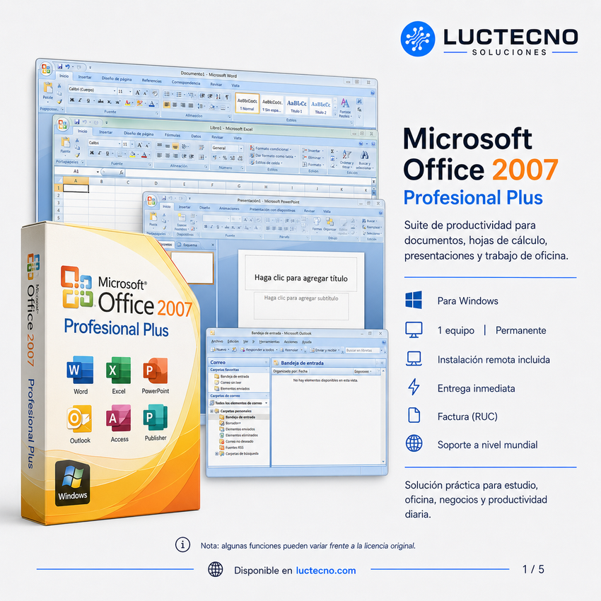 Microsoft Office 2007 Profesional Plus para Windows | 1 Equipo | Permanente | Word, Excel, PowerPoint, Outlook, Access, Publisher y productividad clásica