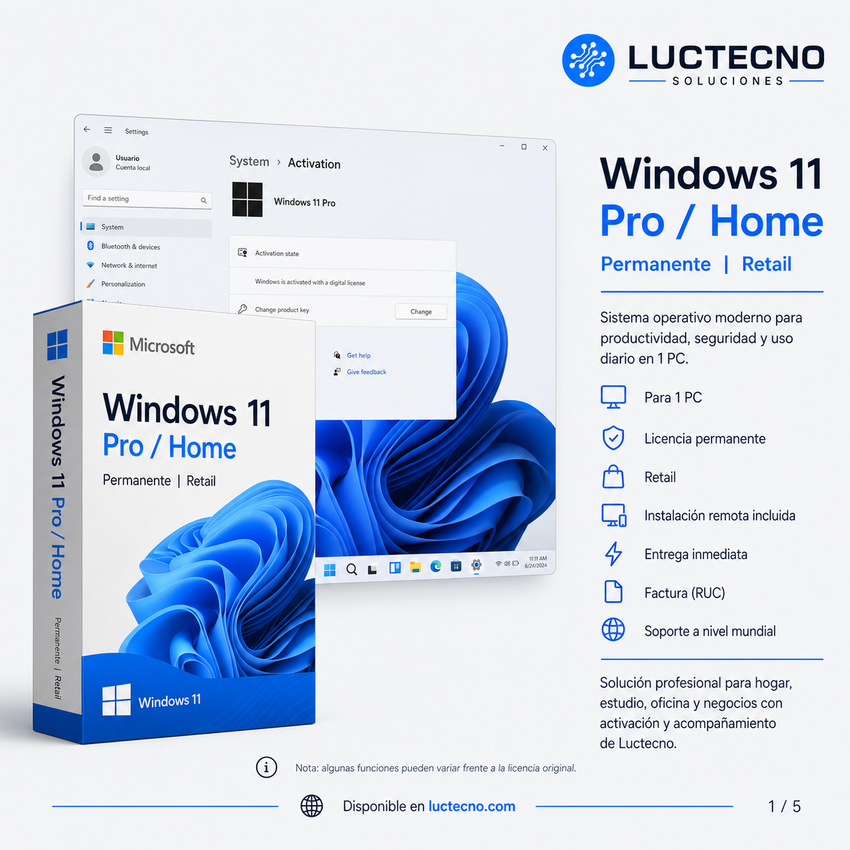 Windows 11 Pro / Home | Permanente | Retail | 1 PC | Sistema operativo moderno para productividad, seguridad, compatibilidad, juegos, estudio y trabajo
