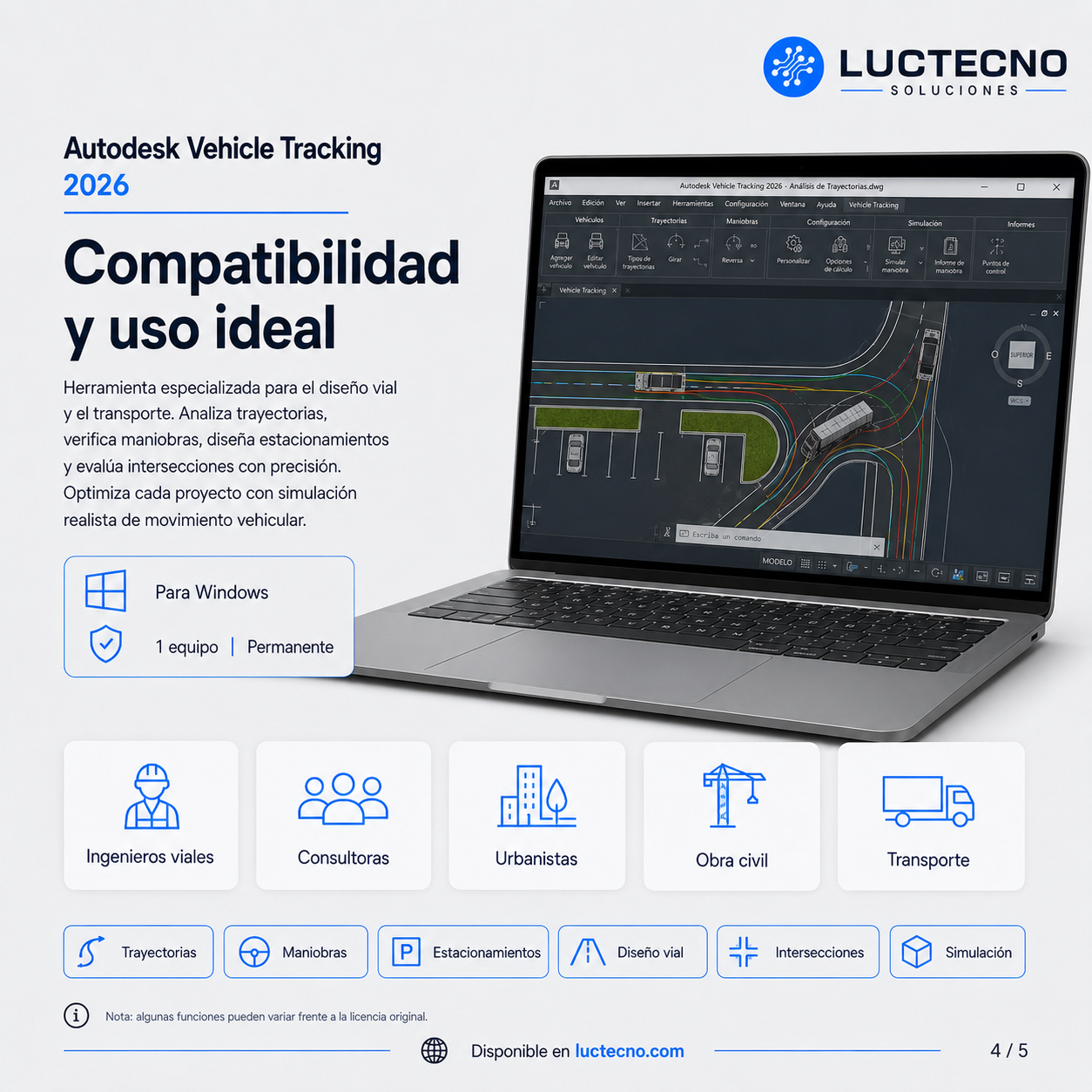 Autodesk Vehicle Tracking 2026 para Windows | 1 Equipo | Permanente | Análisis de trayectorias vehiculares, parqueaderos, rotondas y diseño vial