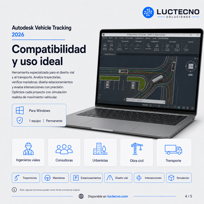 Autodesk Vehicle Tracking 2026 para Windows | 1 Equipo | Permanente | Análisis de trayectorias vehiculares, parqueaderos, rotondas y diseño vial