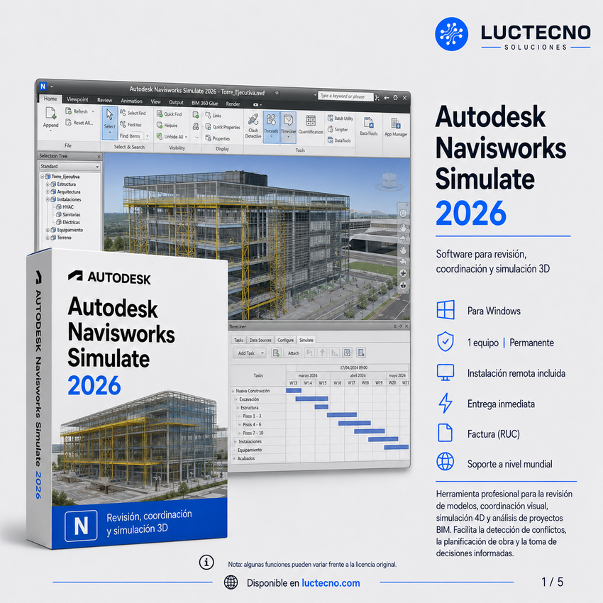 Autodesk Navisworks Simulate 2026 para Windows | 1 Equipo | Permanente | Revisión BIM, modelos federados, simulación 4D, cuantificación y planificación de obra