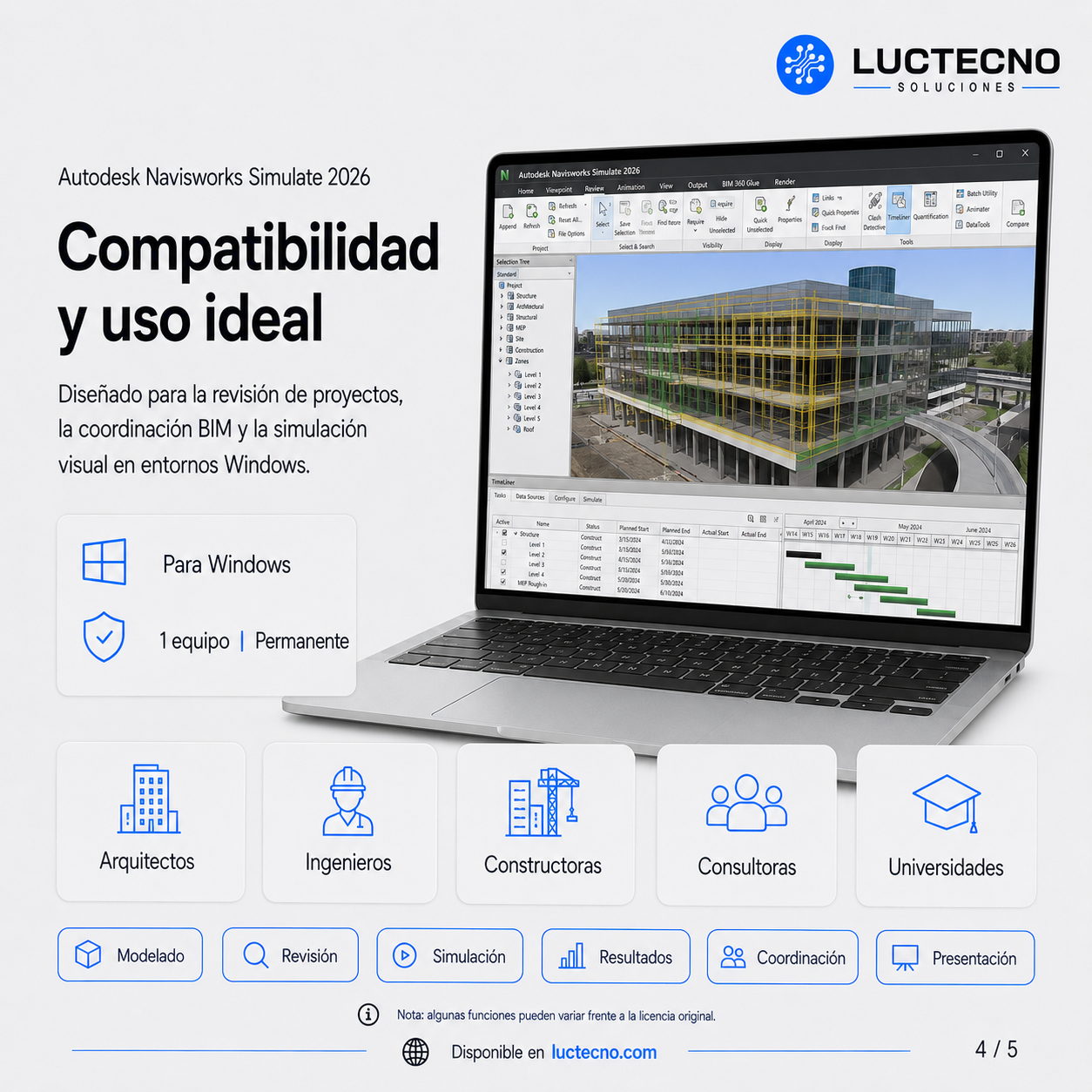 Autodesk Navisworks Simulate 2026 para Windows | 1 Equipo | Permanente | Revisión BIM, modelos federados, simulación 4D, cuantificación y planificación de obra