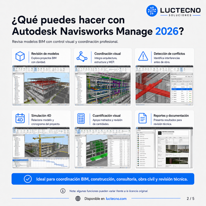 Autodesk Navisworks Manage 2026 para Windows | 1 Equipo | Permanente | Coordinación BIM, clash detection, modelos federados, 4D/5D y cuantificación