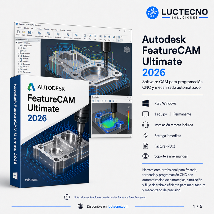 Autodesk FeatureCAM Ultimate 2026 para Windows | 1 Equipo | Permanente | Software CAM para CNC, fresado, torneado, mill-turn, Swiss lathe y wire EDM