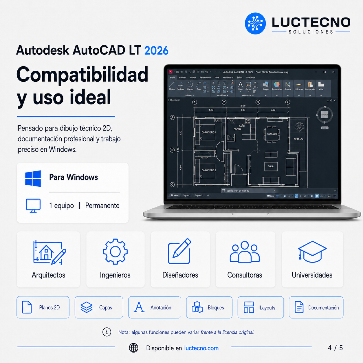 Autodesk AutoCAD LT 2026 para Windows | 1 Equipo | Permanente | Software CAD 2D para dibujo técnico, planos DWG y documentación profesional