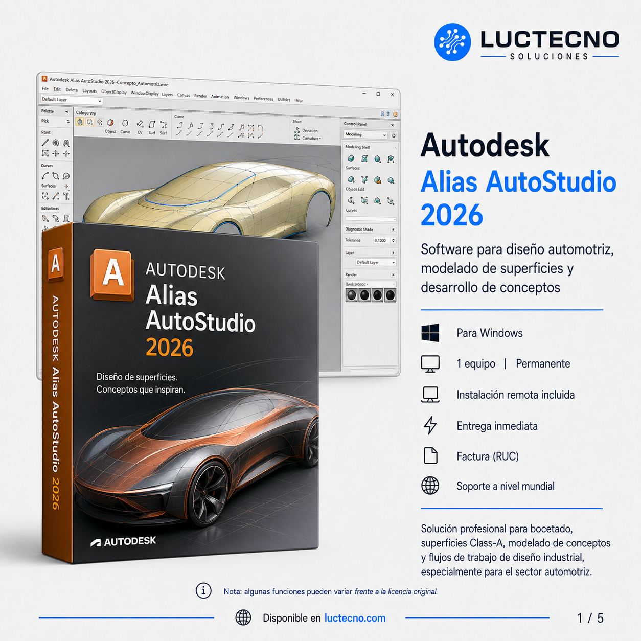 Autodesk Alias AutoStudio 2026 para Windows | 1 Equipo | Permanente | Diseño automotriz, superficies Class-A, modelado conceptual y diseño industrial avanzado