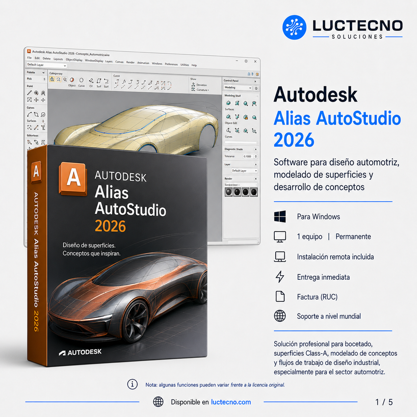 Autodesk Alias AutoStudio 2026 para Windows | 1 Equipo | Permanente | Diseño automotriz, superficies Class-A, modelado conceptual y diseño industrial avanzado