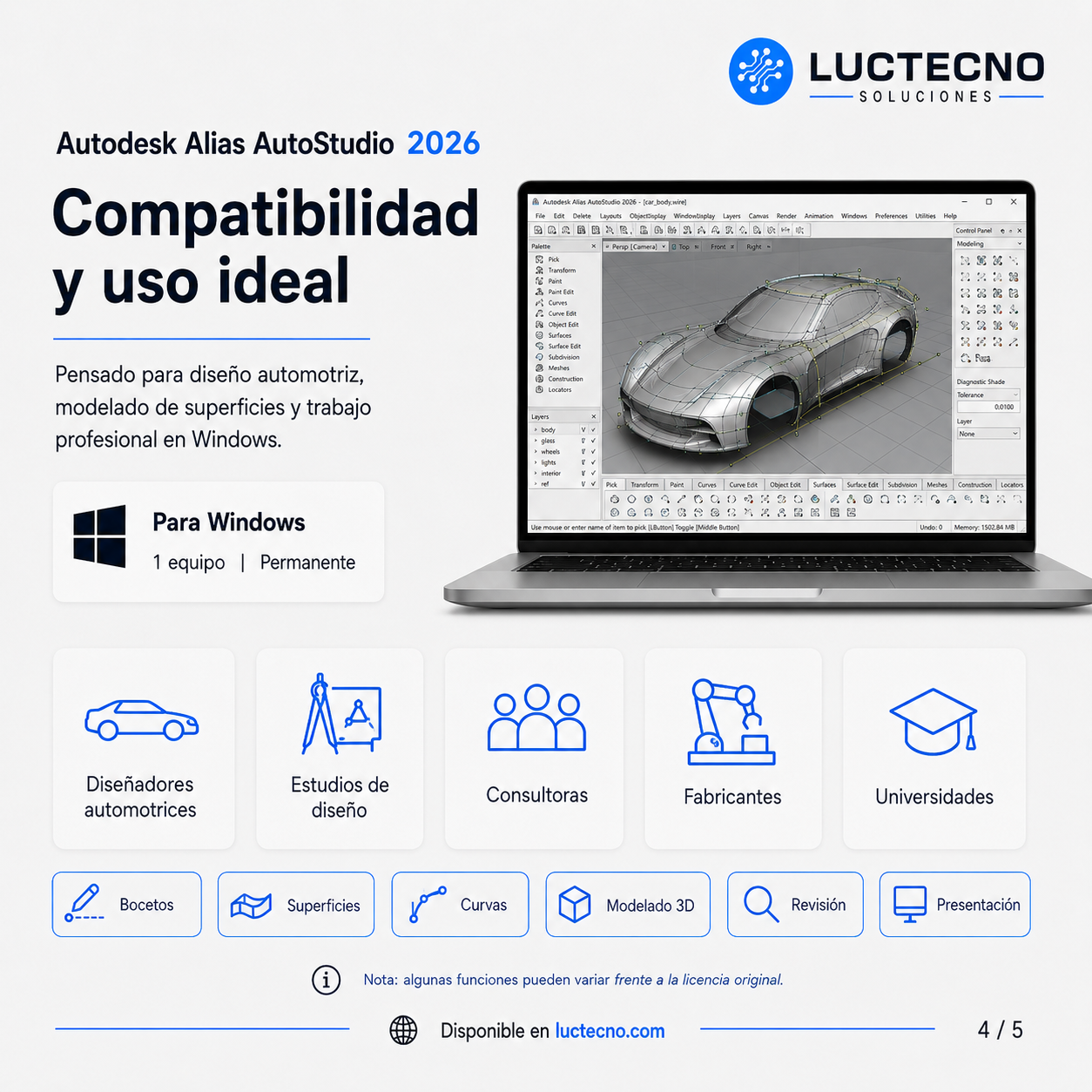 Autodesk Alias AutoStudio 2026 para Windows | 1 Equipo | Permanente | Diseño automotriz, superficies Class-A, modelado conceptual y diseño industrial avanzado