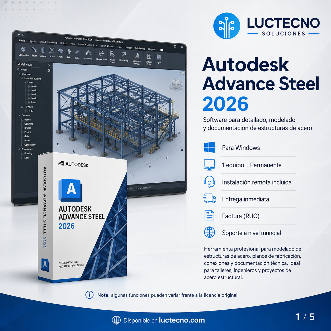 Autodesk Advance Steel 2026 para Windows | 1 Equipo | Permanente | Software BIM/CAD para estructuras metálicas, detallado de acero, planos de taller y fabricación