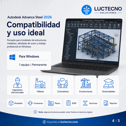 Autodesk Advance Steel 2026 para Windows | 1 Equipo | Permanente | Software BIM/CAD para estructuras metálicas, detallado de acero, planos de taller y fabricación