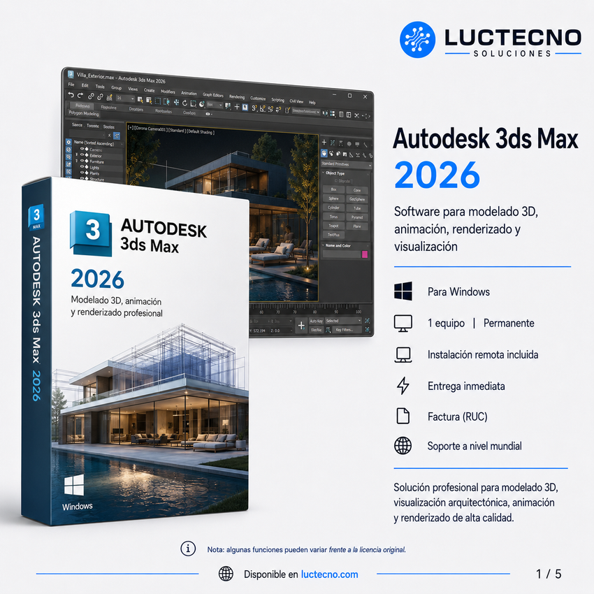 Autodesk 3ds Max 2026 para Windows | 1 Equipo | Permanente | Software profesional para modelado 3D, animación, renderizado, VFX, arquitectura y videojuegos