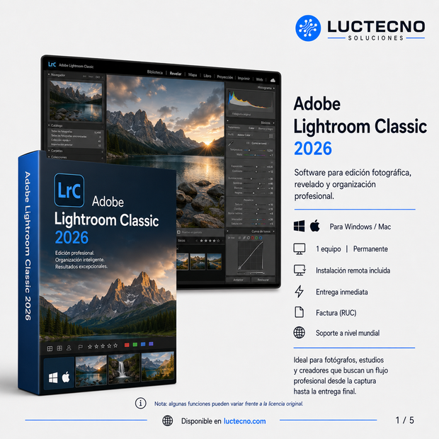 Adobe Lightroom Classic 2026 para Windows / Mac | 1 Equipo | Permanente | Edición fotográfica profesional, revelado RAW, catálogos, presets y flujo de trabajo para fotógrafos
