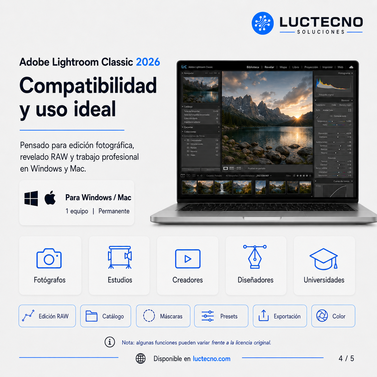 Adobe Lightroom Classic 2026 para Windows / Mac | 1 Equipo | Permanente | Edición fotográfica profesional, revelado RAW, catálogos, presets y flujo de trabajo para fotógrafos