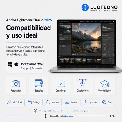Adobe Lightroom Classic 2026 para Windows / Mac | 1 Equipo | Permanente | Edición fotográfica profesional, revelado RAW, catálogos, presets y flujo de trabajo para fotógrafos