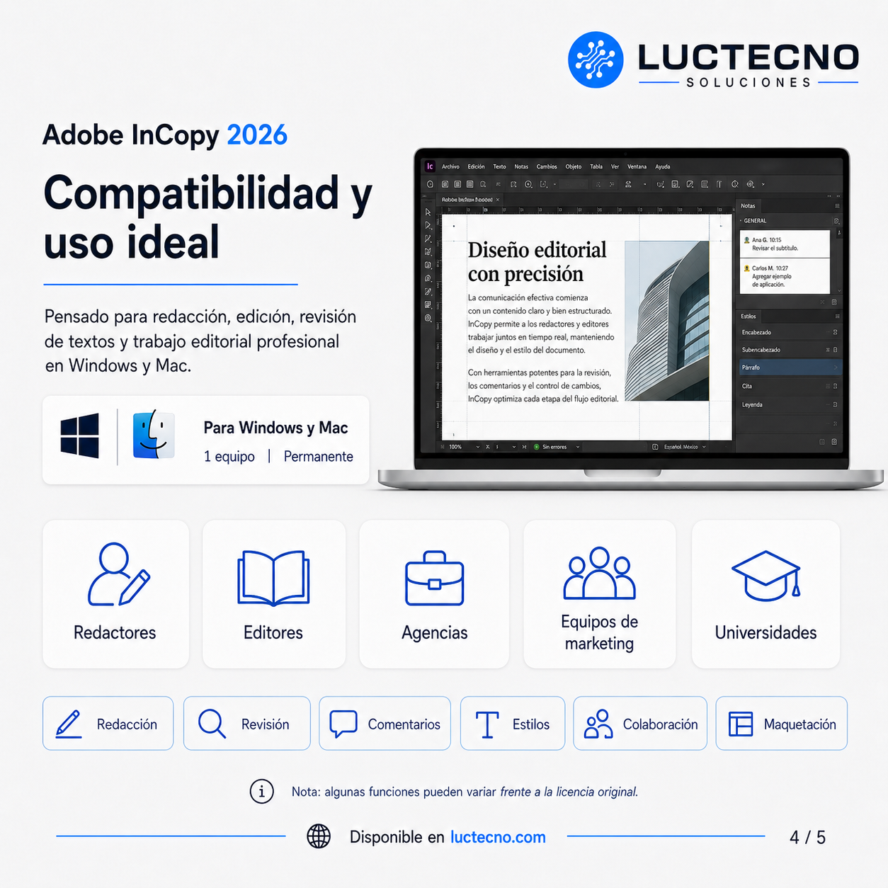 Adobe InCopy 2026 para Windows / Mac | 1 Equipo | Permanente | Redacción editorial, corrección de textos, colaboración con InDesign y flujo profesional de publicaciones