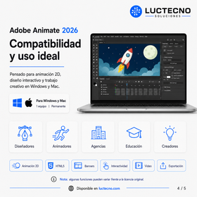 Adobe Animate 2026 para Windows / Mac | 1 Equipo | Permanente | Animación 2D, HTML5, cartoons, banners, juegos, personajes y contenido interactivo