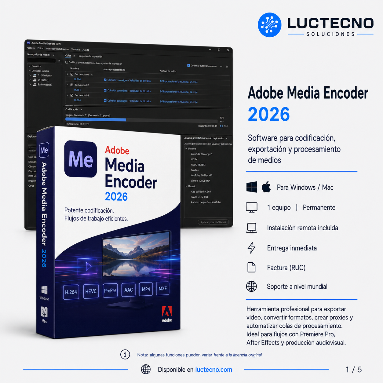 Adobe Media Encoder 2026 para Windows / Mac | 1 Equipo | Permanente | Codificación, conversión, exportación de video, render por lotes y formatos profesionales