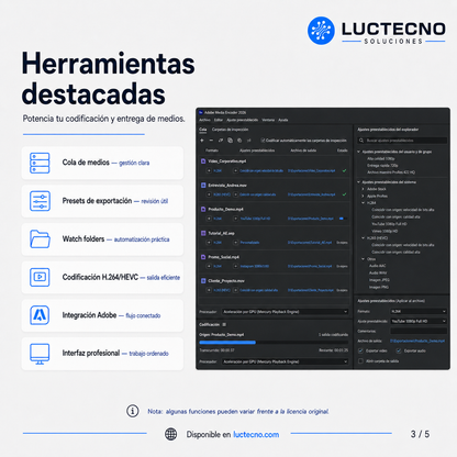 Adobe Media Encoder 2026 para Windows / Mac | 1 Equipo | Permanente | Codificación, conversión, exportación de video, render por lotes y formatos profesionales