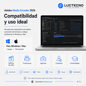 Adobe Media Encoder 2026 para Windows / Mac | 1 Equipo | Permanente | Codificación, conversión, exportación de video, render por lotes y formatos profesionales