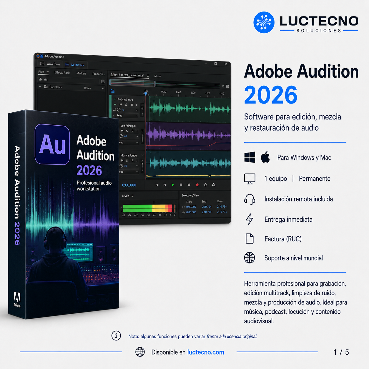 Adobe Audition 2026 para Windows / Mac | 1 Equipo | Permanente | Edición de audio profesional, mezcla multipista, restauración, podcast, voz y producción audiovisual