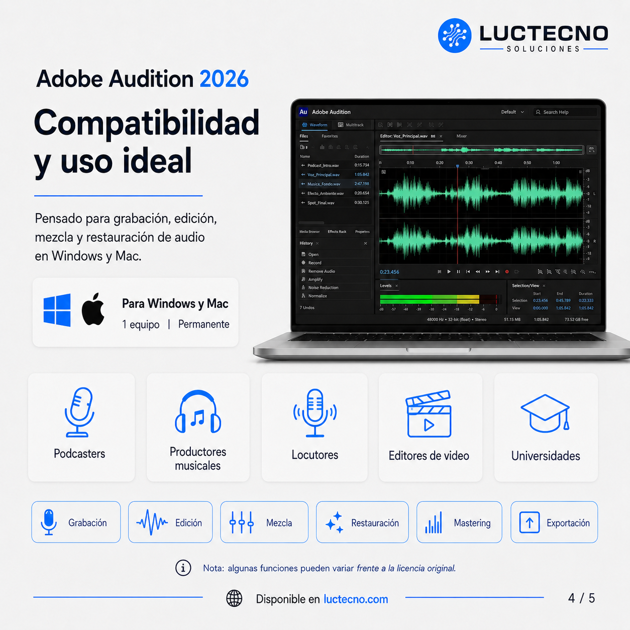 Adobe Audition 2026 para Windows / Mac | 1 Equipo | Permanente | Edición de audio profesional, mezcla multipista, restauración, podcast, voz y producción audiovisual