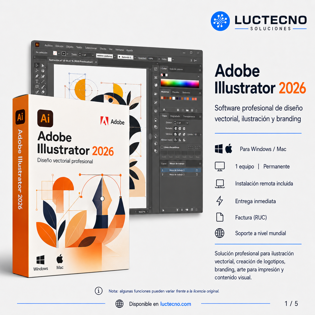 Adobe Illustrator 2026 para Windows / Mac | 1 Equipo | Permanente | Diseño vectorial, logos, ilustración, branding, SVG, impresión y gráficos profesionales