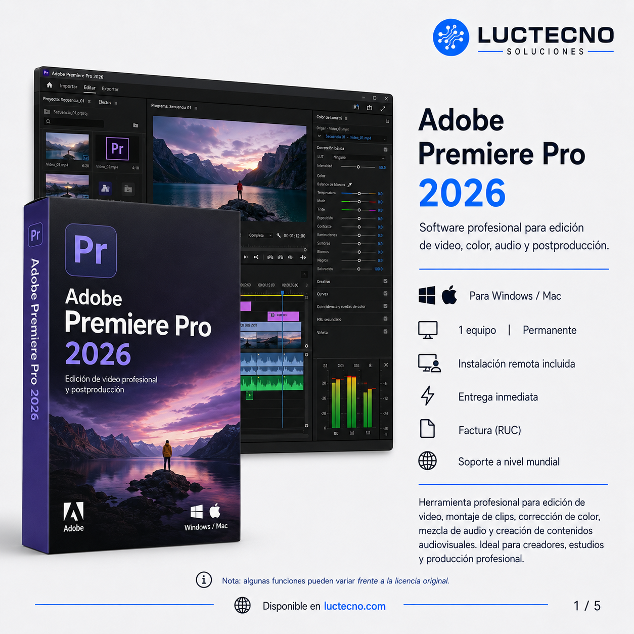 Adobe Premiere Pro 2026 para Windows / Mac | 1 Equipo | Permanente | Edición de video profesional, montaje, color, audio, subtítulos, IA y producción audiovisual