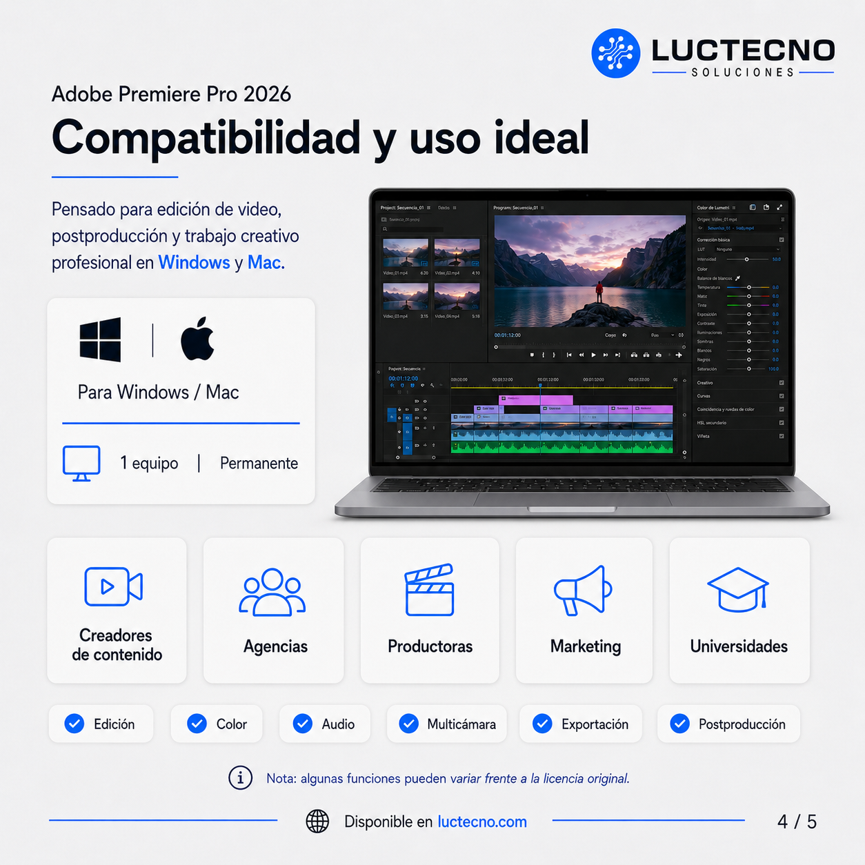 Adobe Premiere Pro 2026 para Windows / Mac | 1 Equipo | Permanente | Edición de video profesional, montaje, color, audio, subtítulos, IA y producción audiovisual